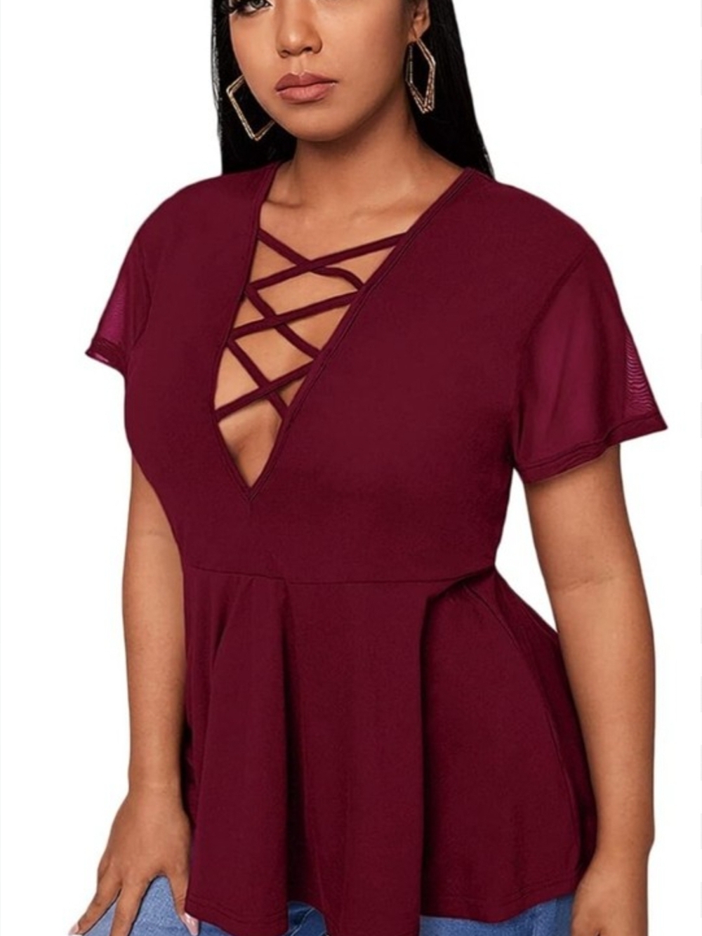SHEIN Burgundy Crisscross V-Neck Peplum Top